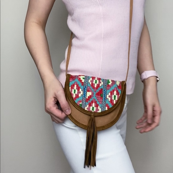 aerie Handbags - Boho leather fringe mini cross body bag